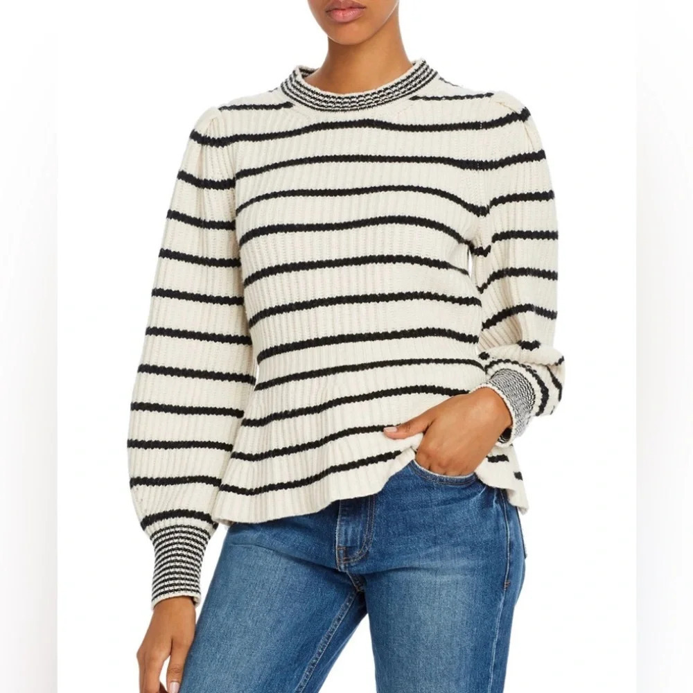Rebecca Taylor La Vie Cream & Black Striped Peplum Pullover Sweater Size Small